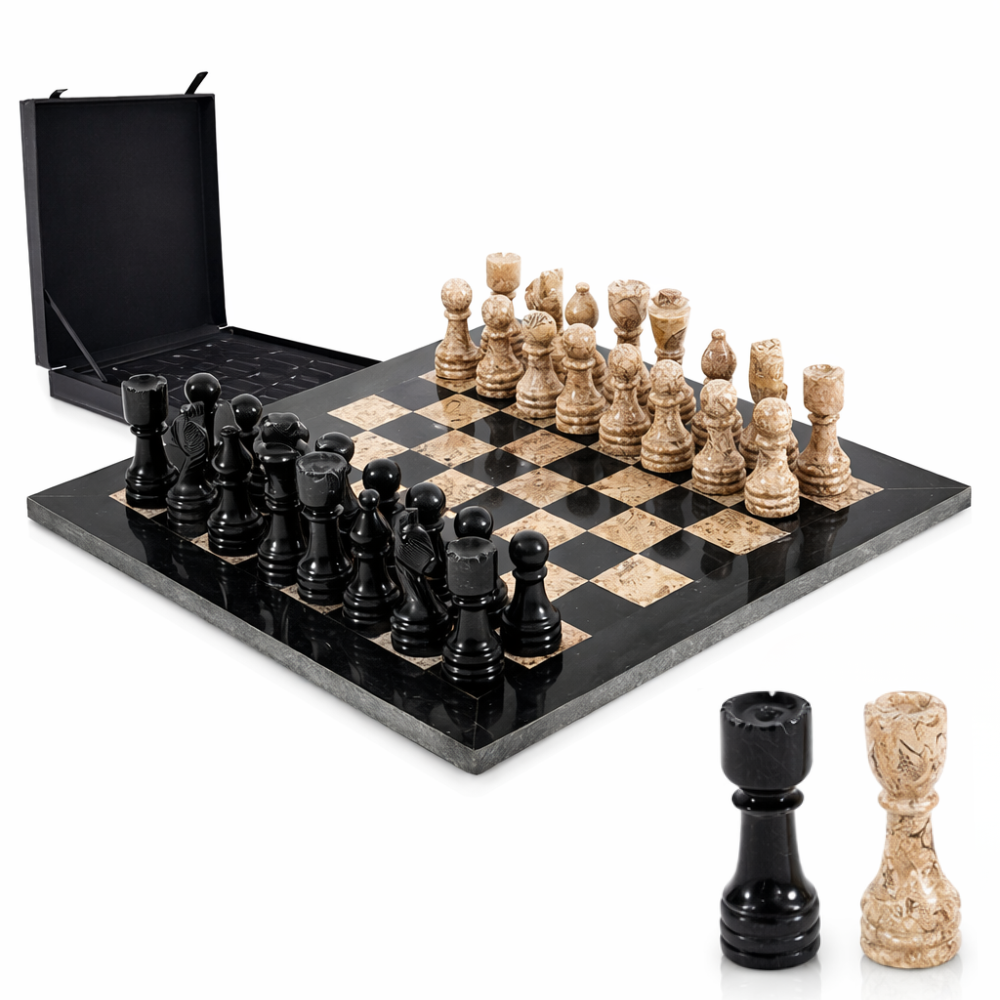 15-Inch (38cm) Black & Coral Marble Chess Set with Storage Box