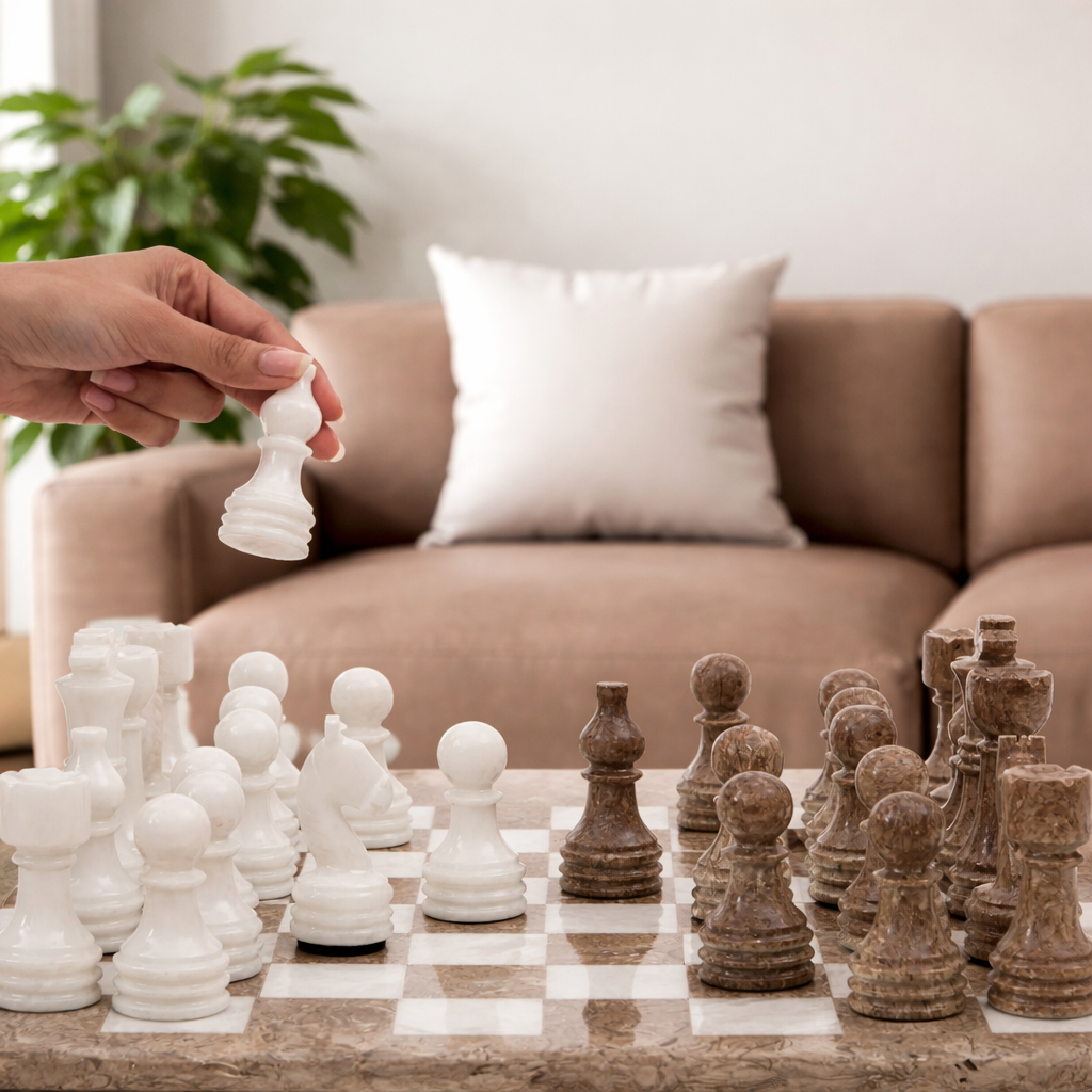 12-Inch (30cm) Oceanic & White Marble Chess Set with Storage Box