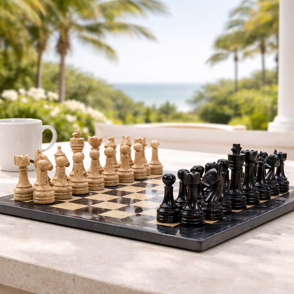 15-Inch (38cm) Black & Coral Marble Chess Set with Storage Box