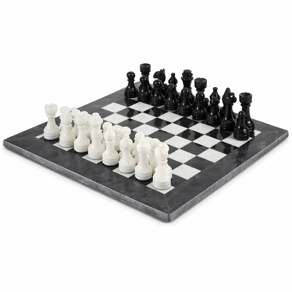 15-Inch (38cm) Black & White Marble Chess Set with Storage Box
