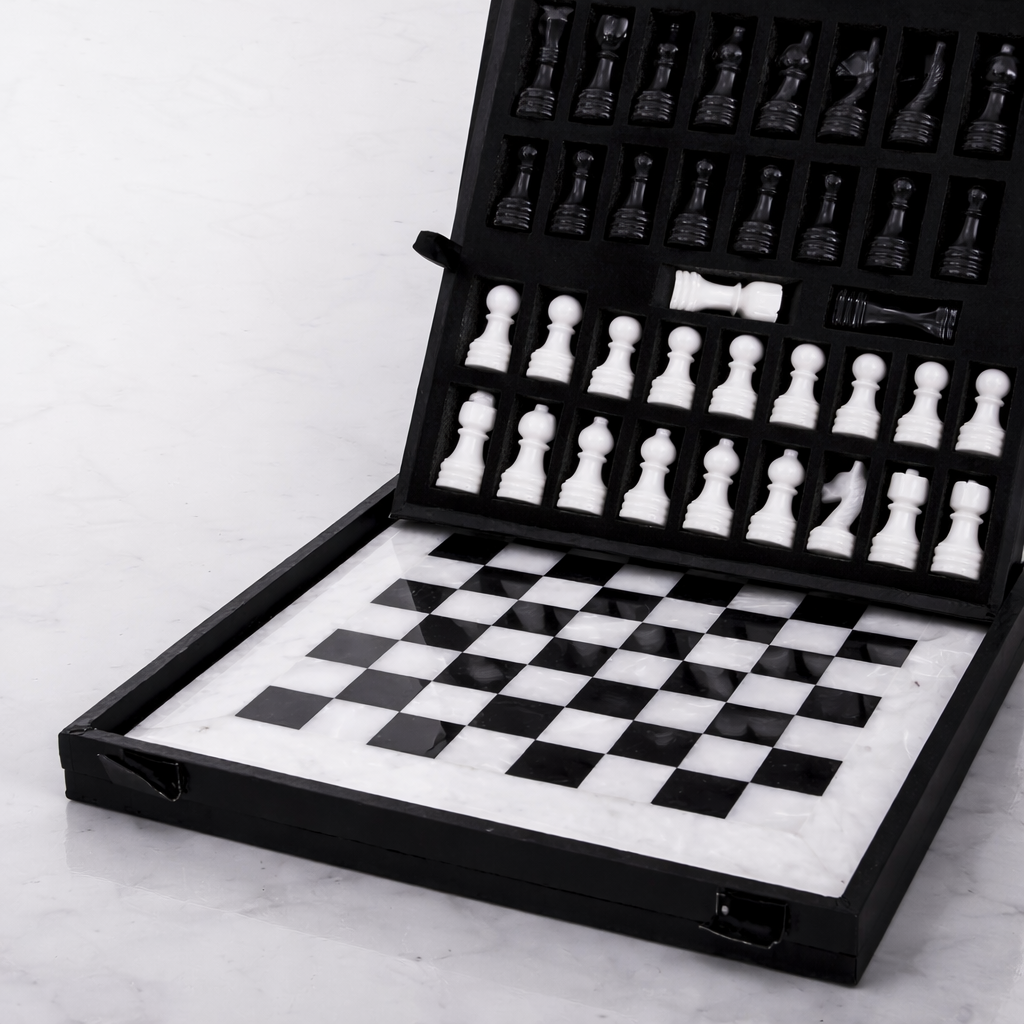 12-Inch (30cm) Black & White Marble Chess Set with Storage Box