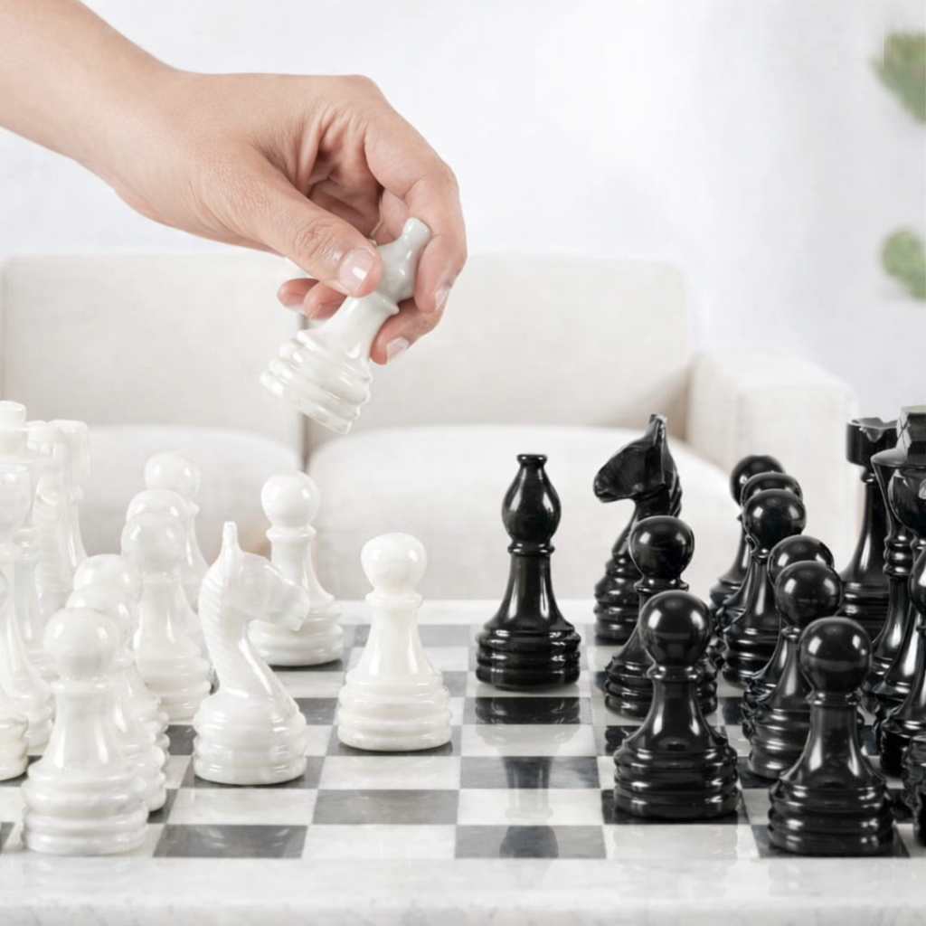 15-Inch (38cm) Black & White Marble Chess Set with Storage Box